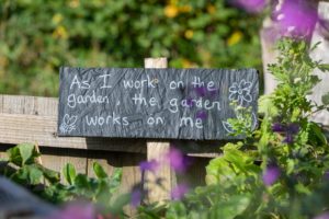 A sign in a garden reads: As I work on the garden, the garden works on me