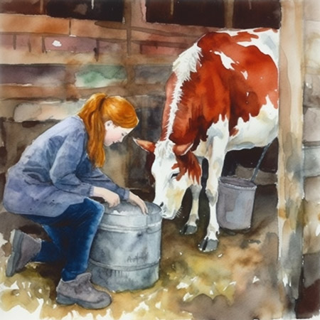 a young girl kneels beside a cow in a barn