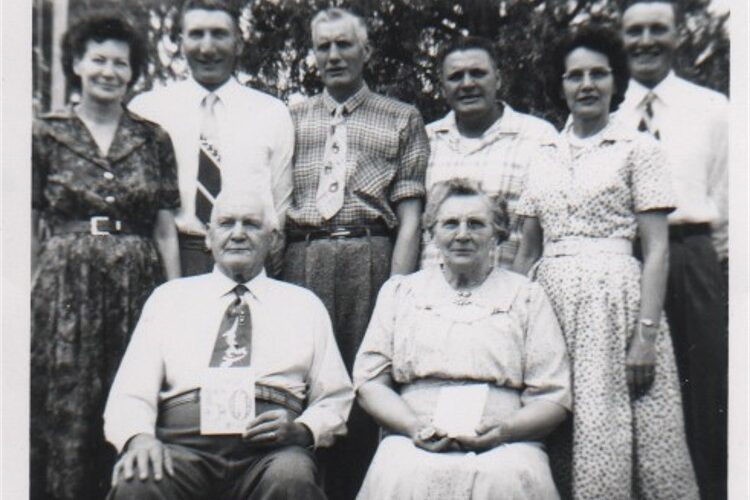 The Fiechter family in 1960 at the event of the 50th wedding anniversary of Fred and Lena (pictured seated in front). Their children are standing, from left to right: Elsie (Fiechter) Beatty, Melvin Fiechter, Ernest Fiechter, Elmer Fiechter, Elma (Fiechter) Jackson, and Marvin Fiechter.