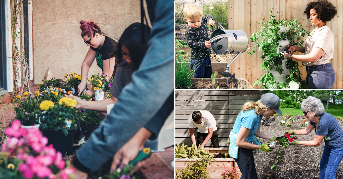 A photo compilation of happy people gardening