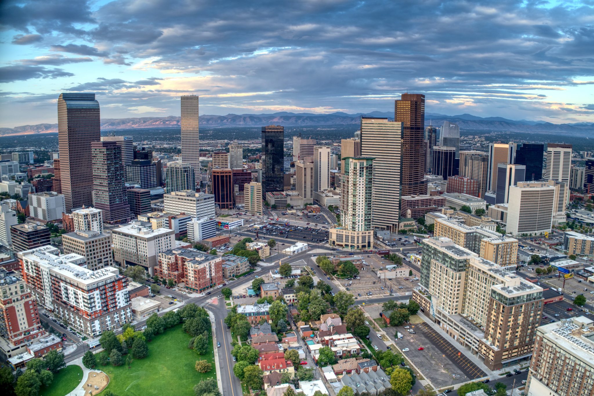 aerial photo of downtown Denver with parks visible
