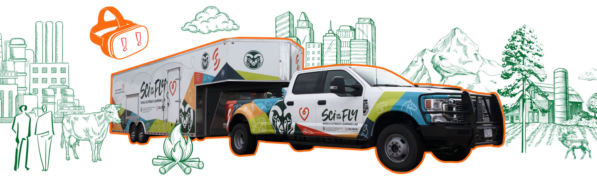 Sci on the Fly truck with icons of buildings, people, trees, a cow, campfire and VR headset surrounding it