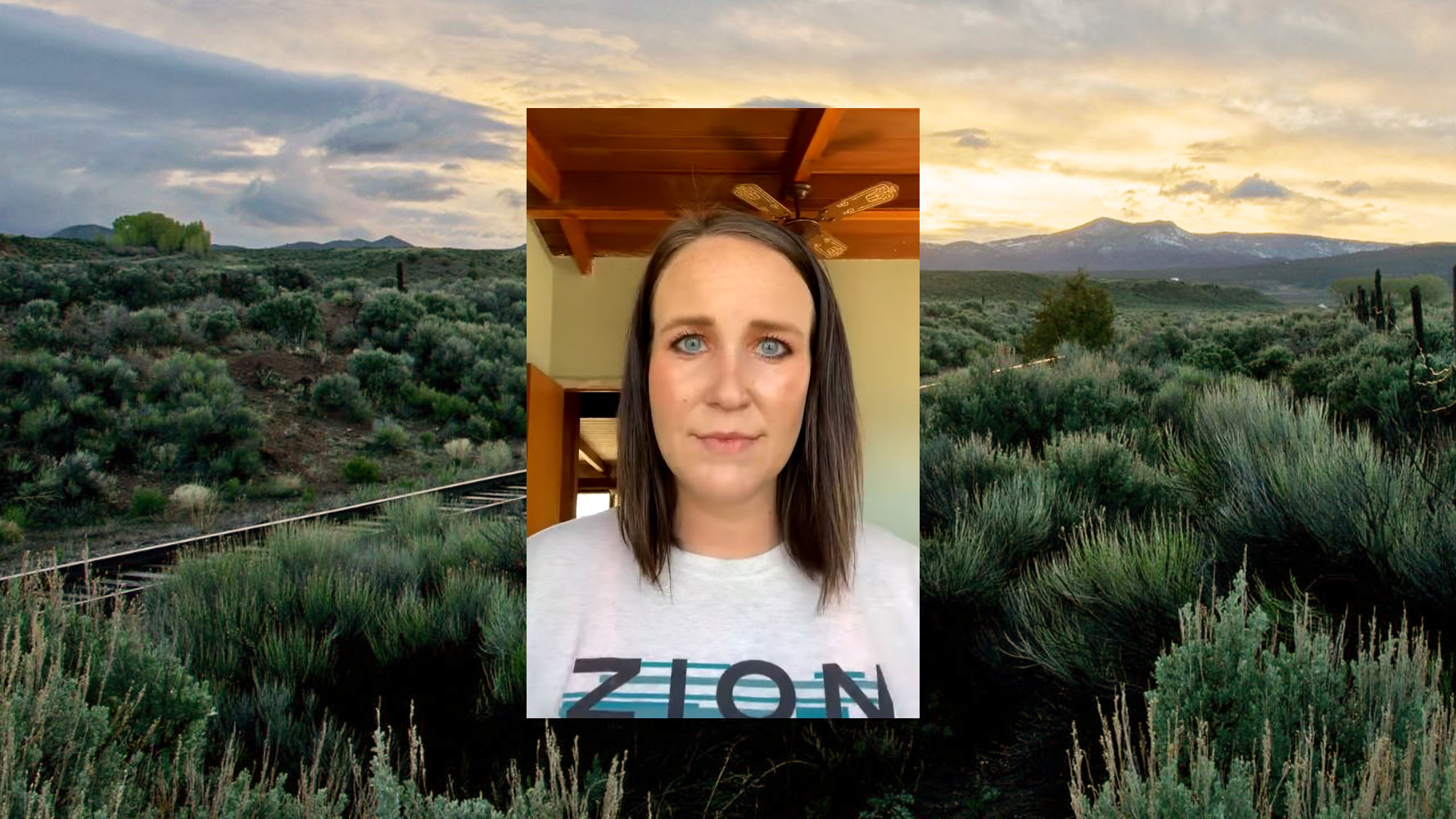 A photo of Sydney Wilkinson overlaid on a landscape of Alamosa