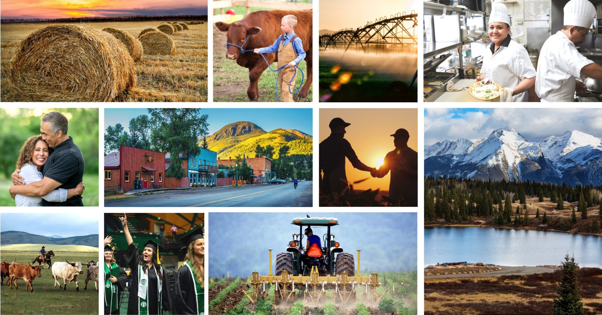 Photo compilation showing hay, a young boy leading a cow, an irrigation system, a chef in a kitcken, a middle aged man and woman hugging, a pictureque Colorado town with old buildings and mountains int he background, a silhouette of farmers shaking hands, a cowboy on a horse herding cattle, a graduate cheering at commencement, a tractor driving through a field and Dillon Reservoir with snow-capped peaks in the background. Whewf, that was a lot of description!