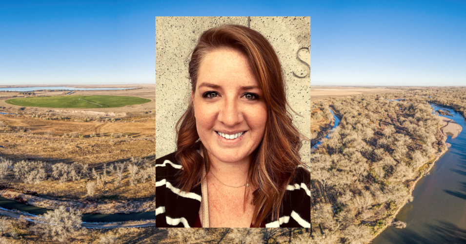 Headshot of Ginger Williams overlaid on a landscape of eastern Colorado