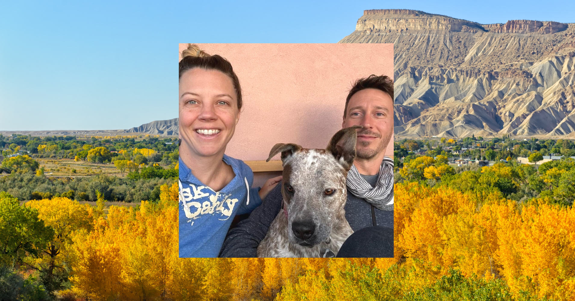 A photo of Calandra Lindstadt, her husband and their dog overlaid on a fall photo of Grand Junction
