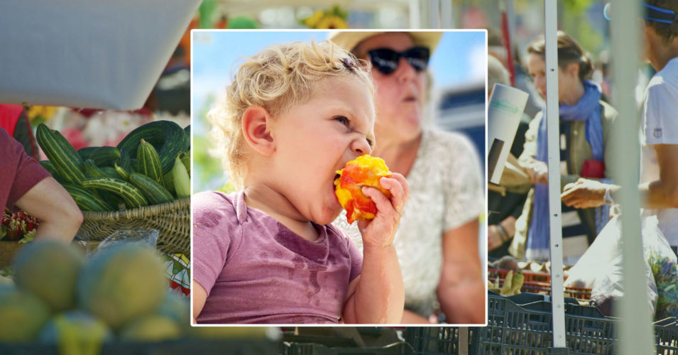 A youngster devours a peach at the Larimer County Farmer's Market