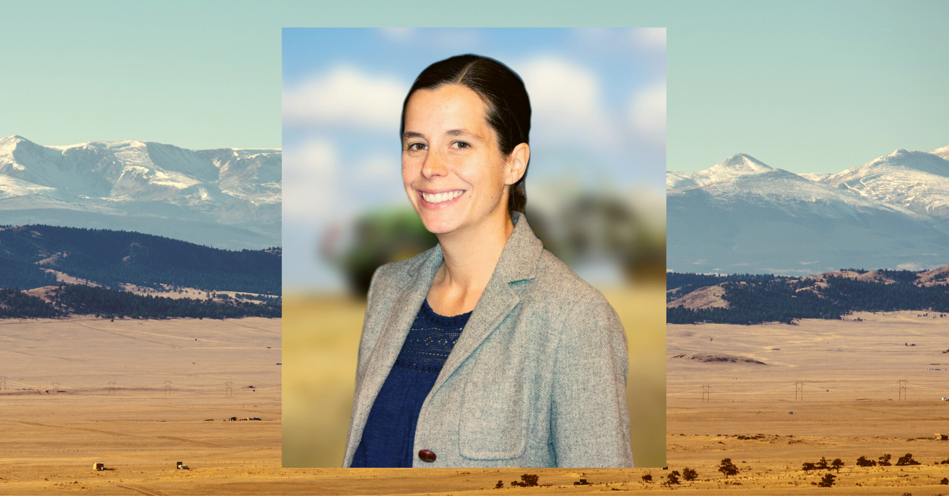 Libby Christensen superimposed on an agriculture scene with mountains in the background.