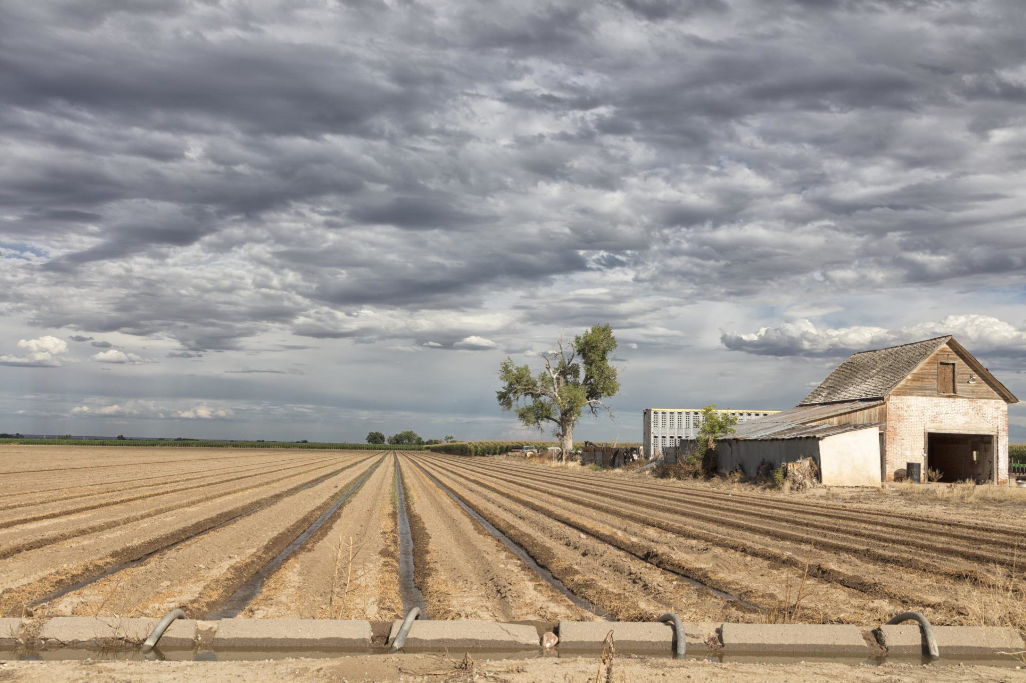 A photo of irrigation ditches with no crops growing and an old home in the background