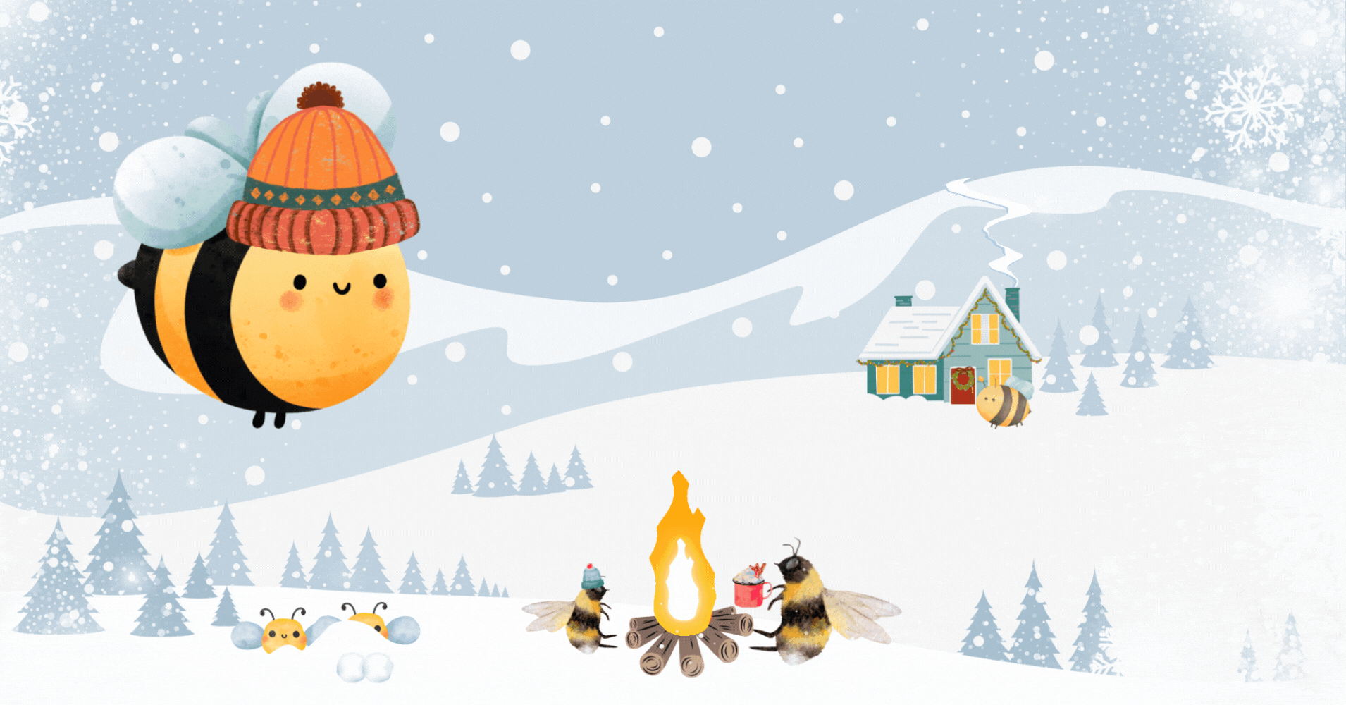 An illustration of bees against a snowy backdrop trying to stay warm with winter hats, hot cocoa, a campfire and home on a hill