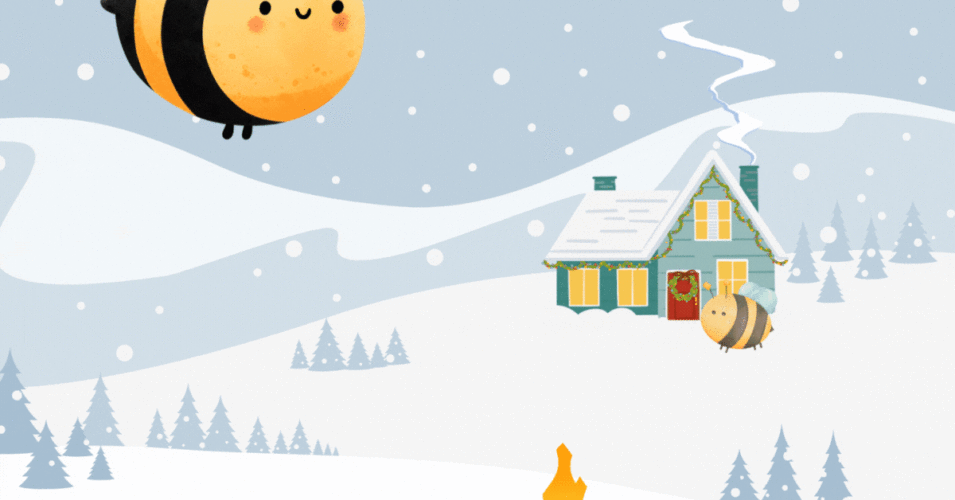 An illustration of bees against a snowy backdrop trying to stay warm with winter hats, hot cocoa, a campfire and home on a hill