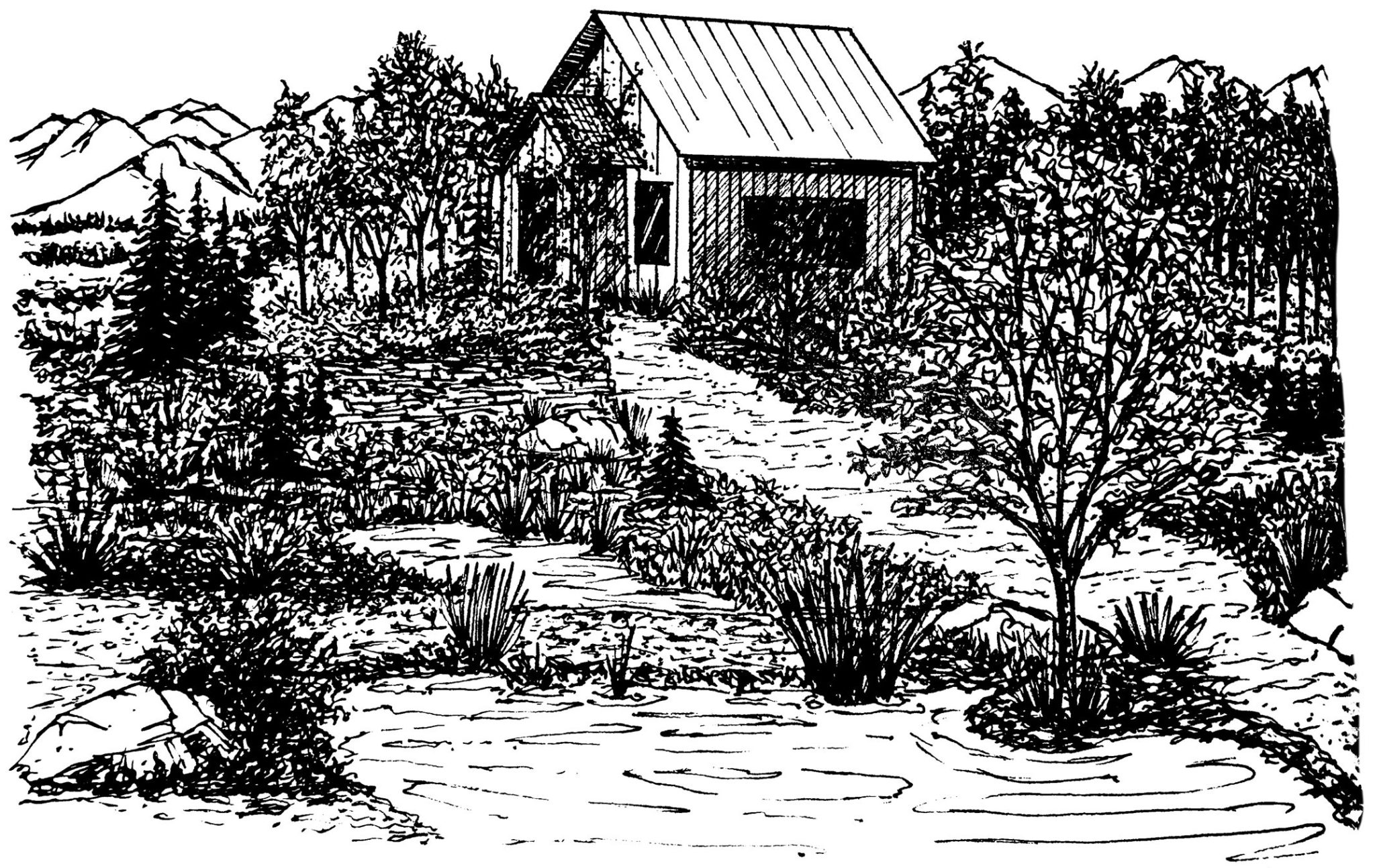 An black and white pen drawing of of a mountain home and garden