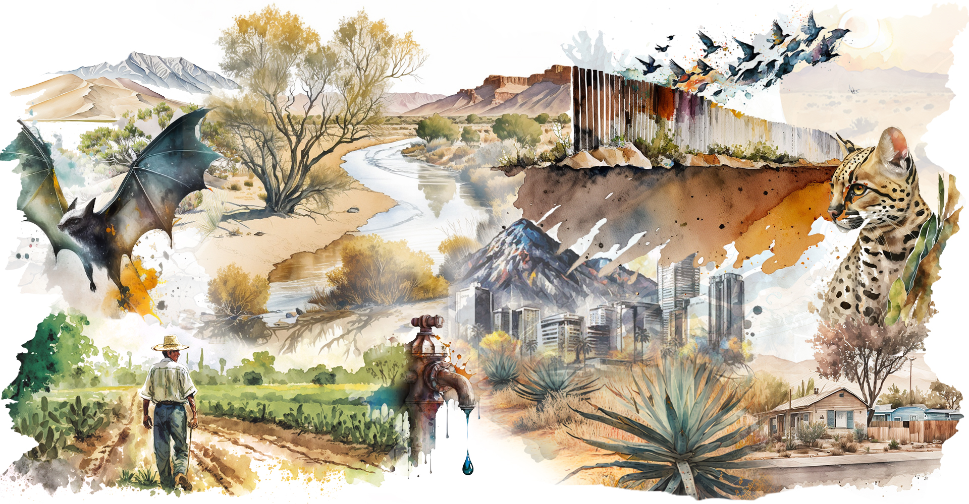 An illustration of wildlife and landscapes representing the Rio Grande River Valley
