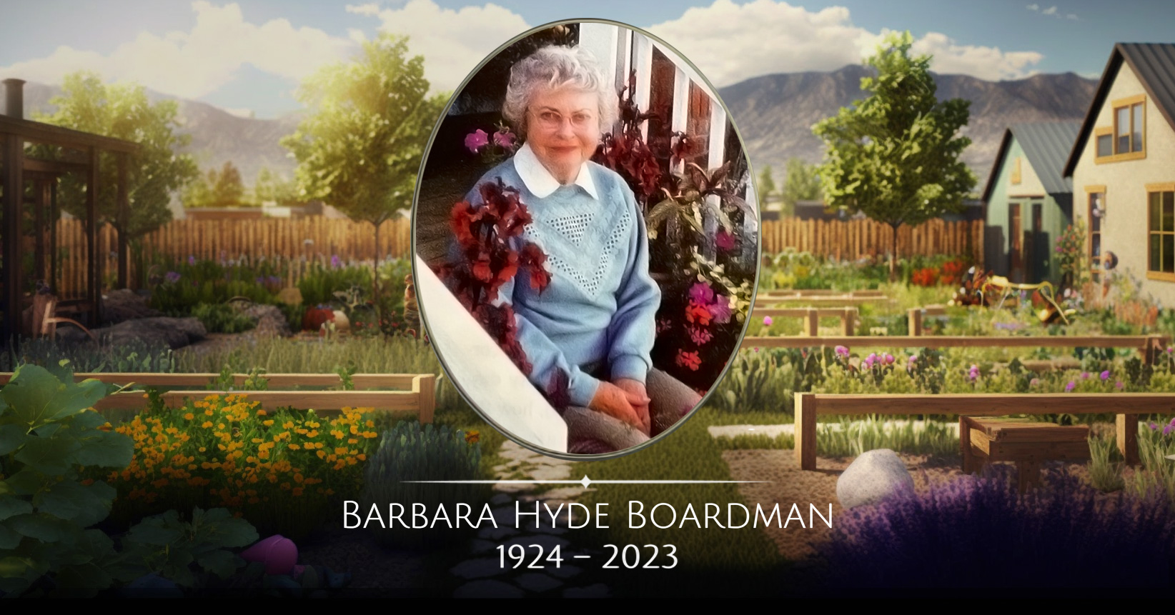 A photo of Barbara Hyde Boardman with her name and dates of life listed: 1924-2023