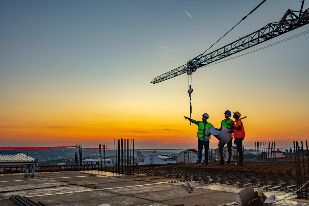 three construction workers stand together in front of a sunset