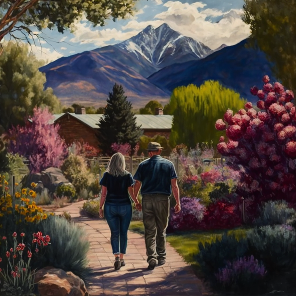A couple walks through a mountain garden