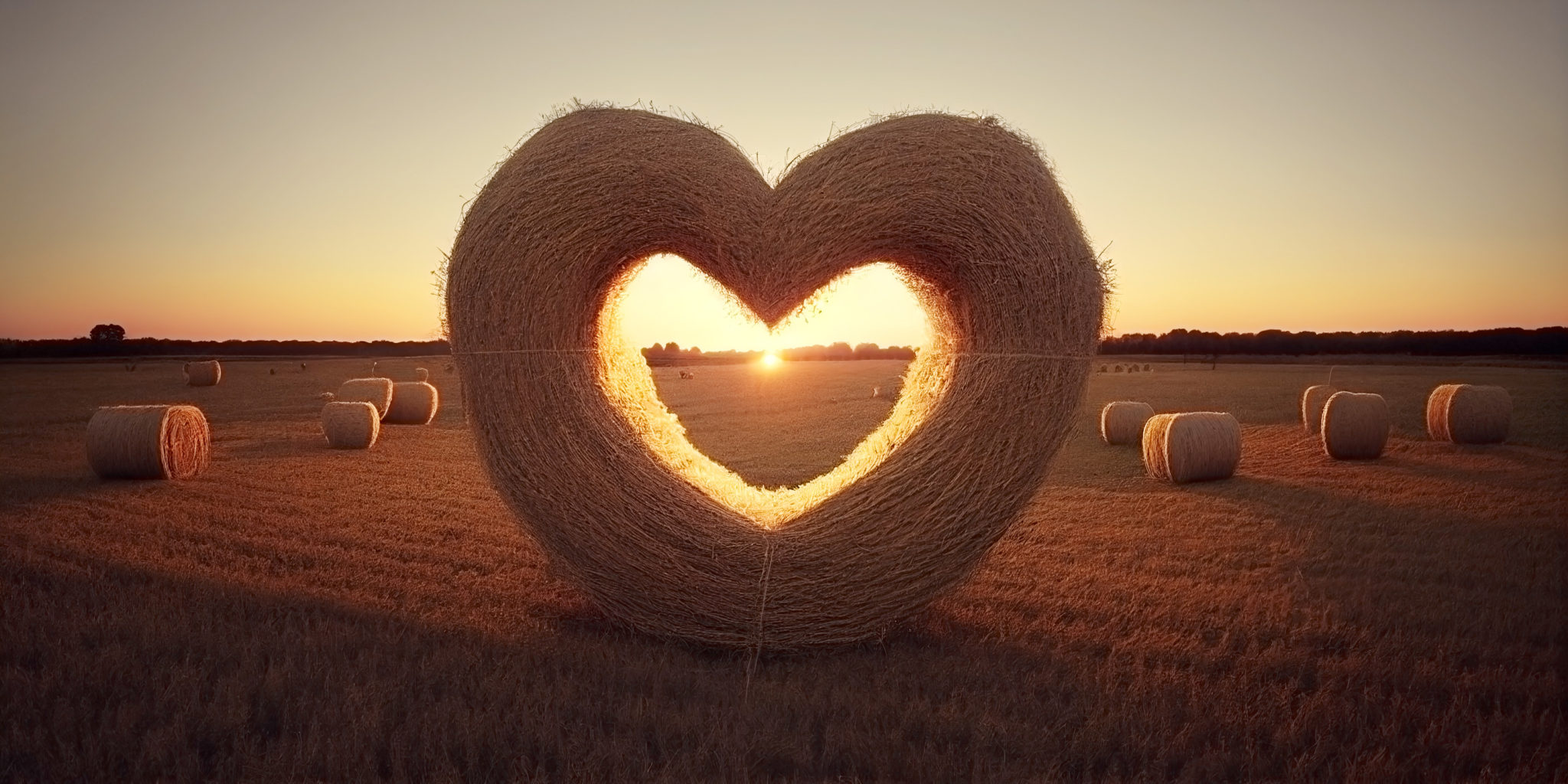 A heart shaped hale bale in a field of hay bales at sunrise
