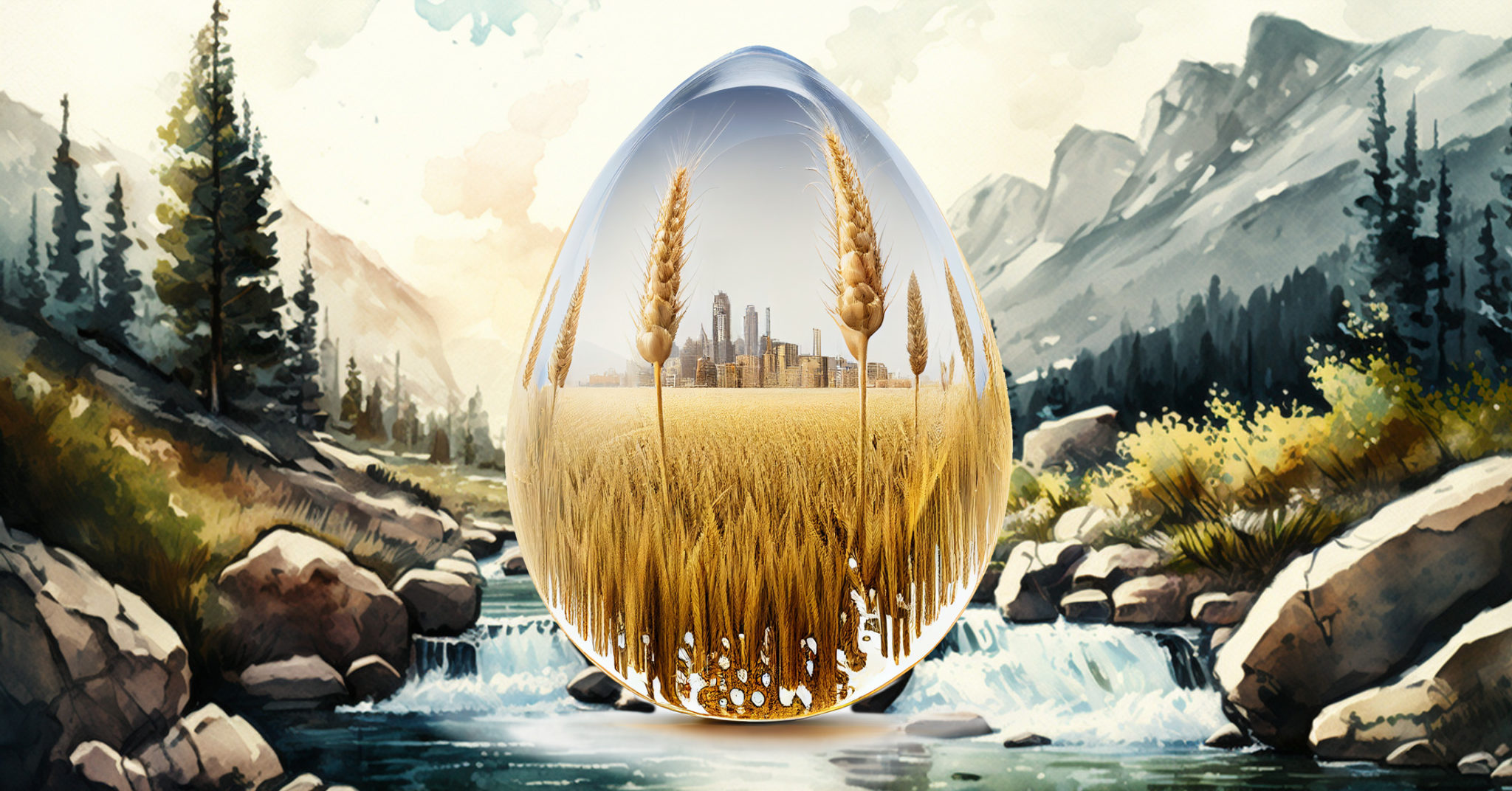 An image of a water droplet containing a field of wheat and distant city, with a watercolor of a mountain river behind the droplet