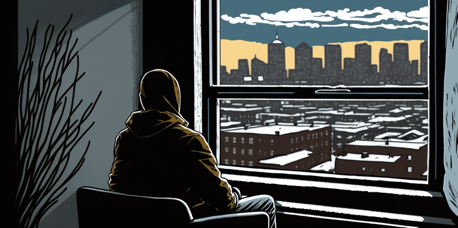 Illustration of a woman looking out a window at a snow-covered Denver