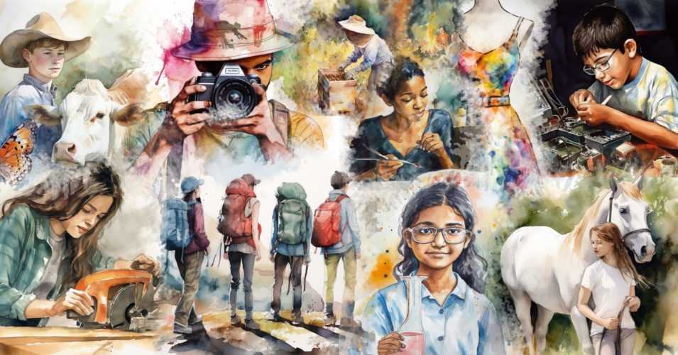 A watercolor illustration of kids taking part in 4-H projects