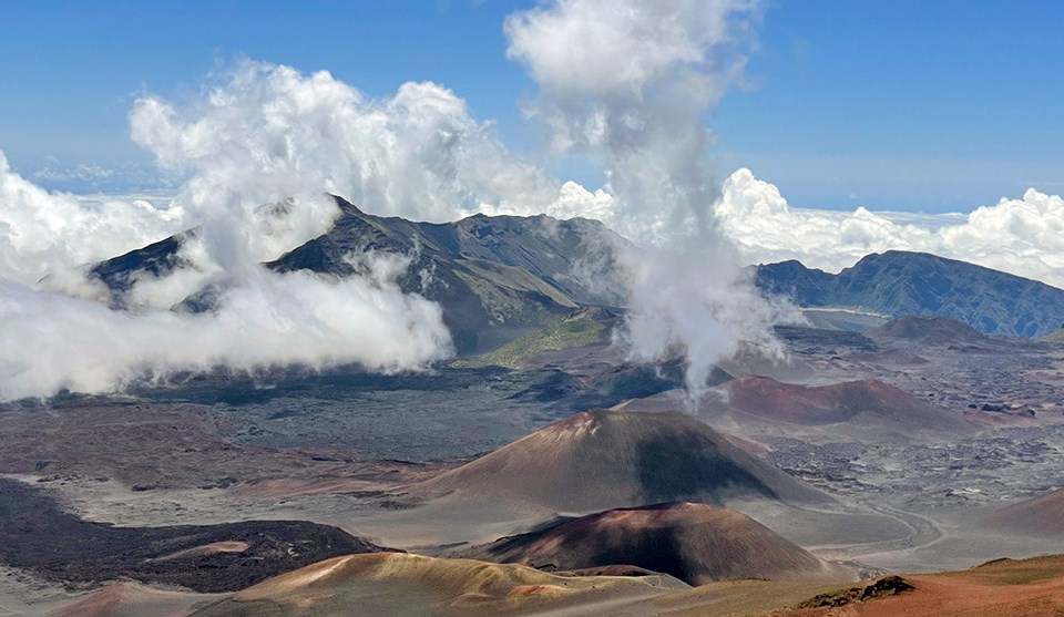 A view of the cinder cones throughout Haleakalā’s crater in Haleakalā National Park on the island of Maui in Hawaii