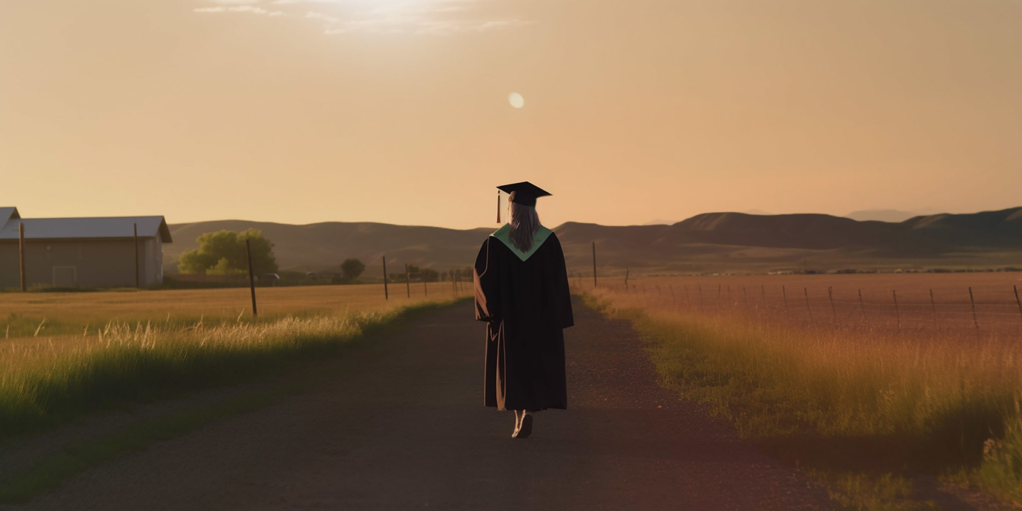 watercolor of a student walking down a dirt road in the San Luis Valley wearing a graduation cap
