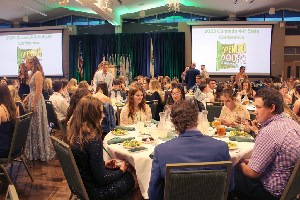 Young people dressed elegantly, dining in ballroom