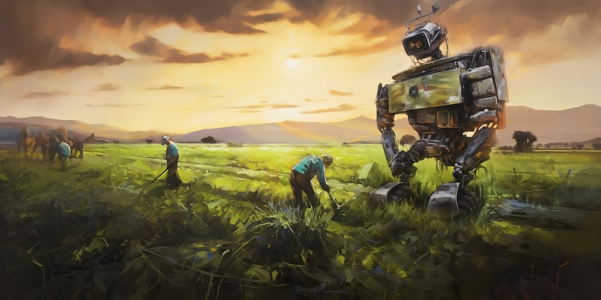 An illustrated oil painting of a robot standing in a field as puny humans pull weeds around it