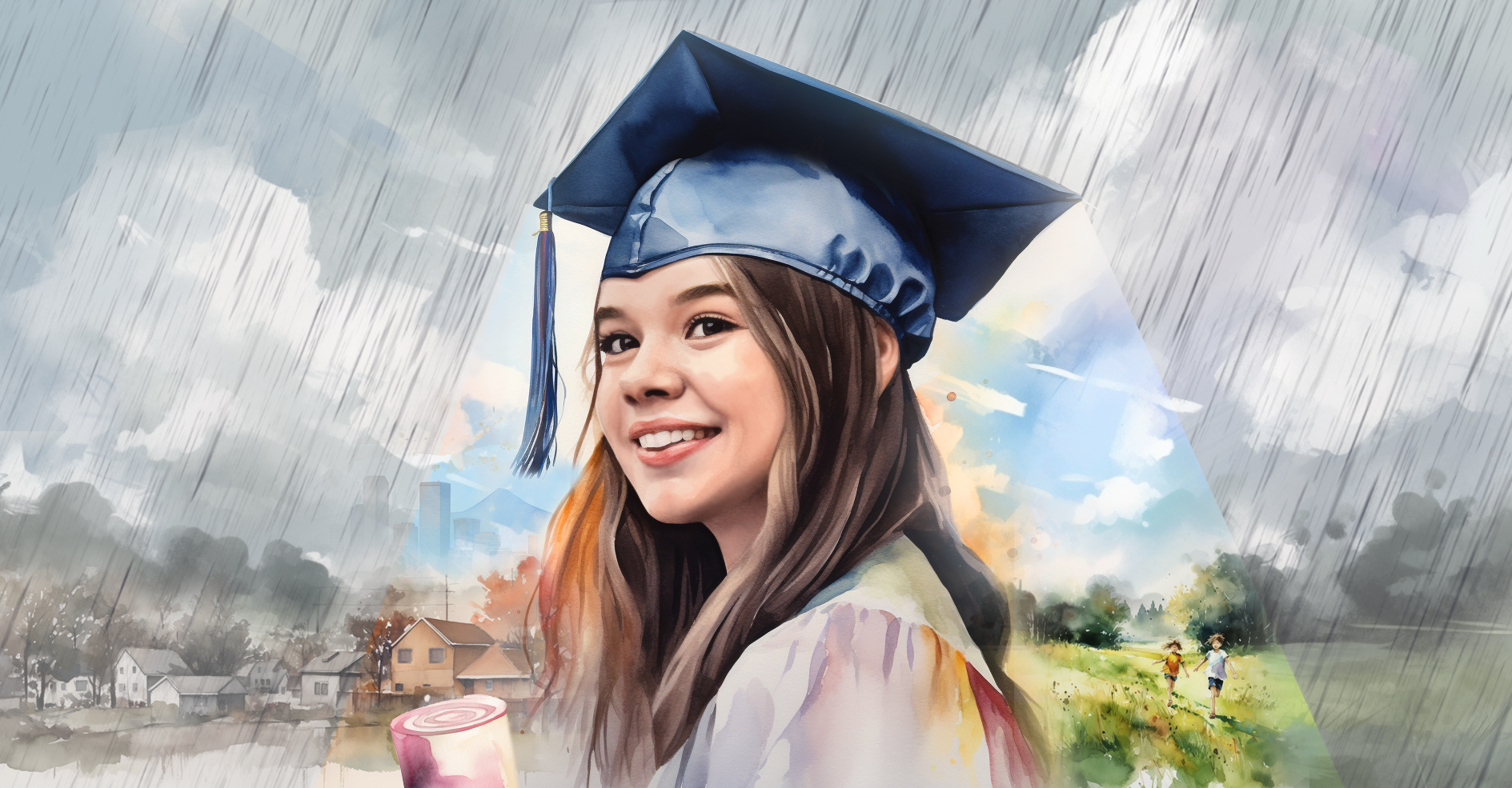 Illustration of rain falling on a college graduate, with their graduation cap shielding them from the downpour