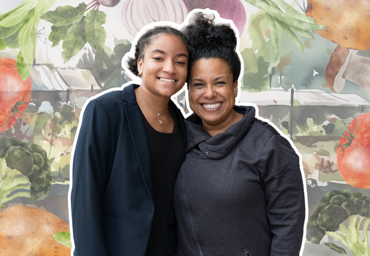 Zora Malone and her mom, Cheryl Anderson, in front of an illustrated background of vegetables and a community garden